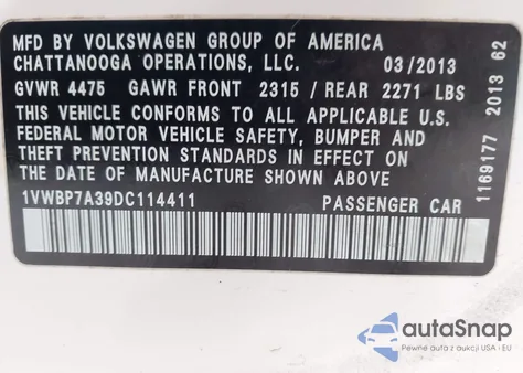 2013 Volkswagen Passat 2.5L Se z USA, uszkodzony, nr VIN 1VWBP7A39DC114411